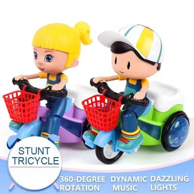 Colorful children's ride-on tricycle with animated characters, lively light effects, and music for kids' outdoor and indoor play, promoting fun and active movement.