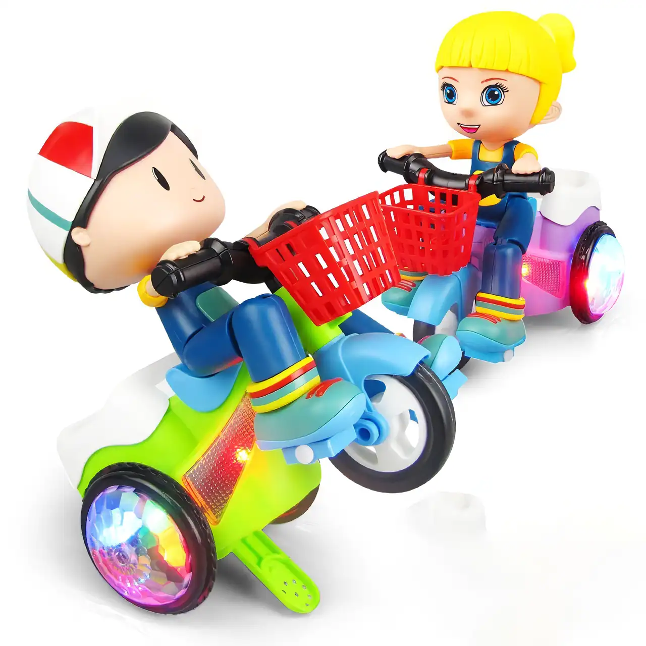 Colorful Kids' Ride-On Tricycle with LED Lights, Stable Design, and Music Features for Safe Outdoor Play and Fun Activities.