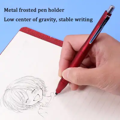 Red metal frosted pen holder designed for stable writing and low center of gravity.