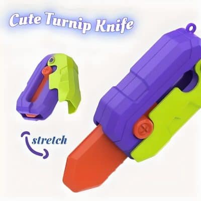 Colorful kids' turnip knife toy designed for safe pretend play, featuring flexible and non-toxic materials, ideal for early childhood educational activities and enhancing fine motor skills.