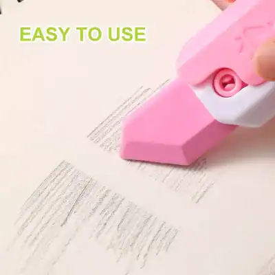 Pink eraser used for removing pencil marks on paper, ideal for students, teachers, and artists. Easy to use and clean, perfect for school, office, and artistic projects.