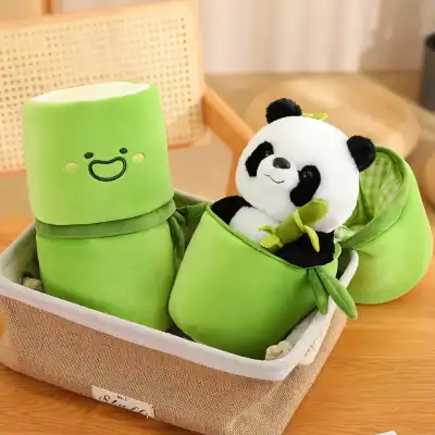 Light green plush bamboo and panda plush toy set with smiling bamboo stalks and a cuddly panda bear in a vibrant green plush bag, ideal for children and gift-giving.