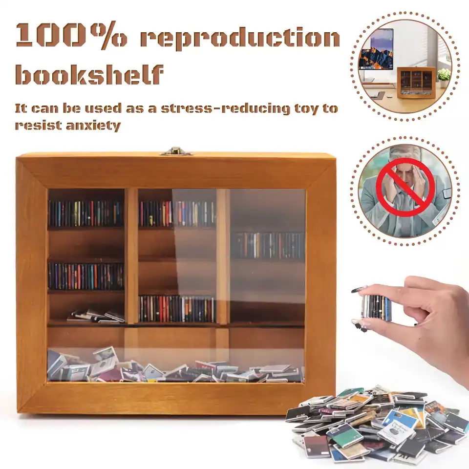 A wooden miniature bookshelf with glass doors filled with tiny books, used for organization or stress relief.