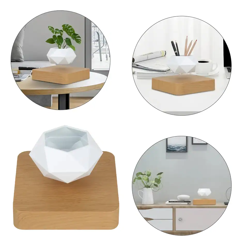 Modern geometric white flower pot with wooden base for stylish desk decor.