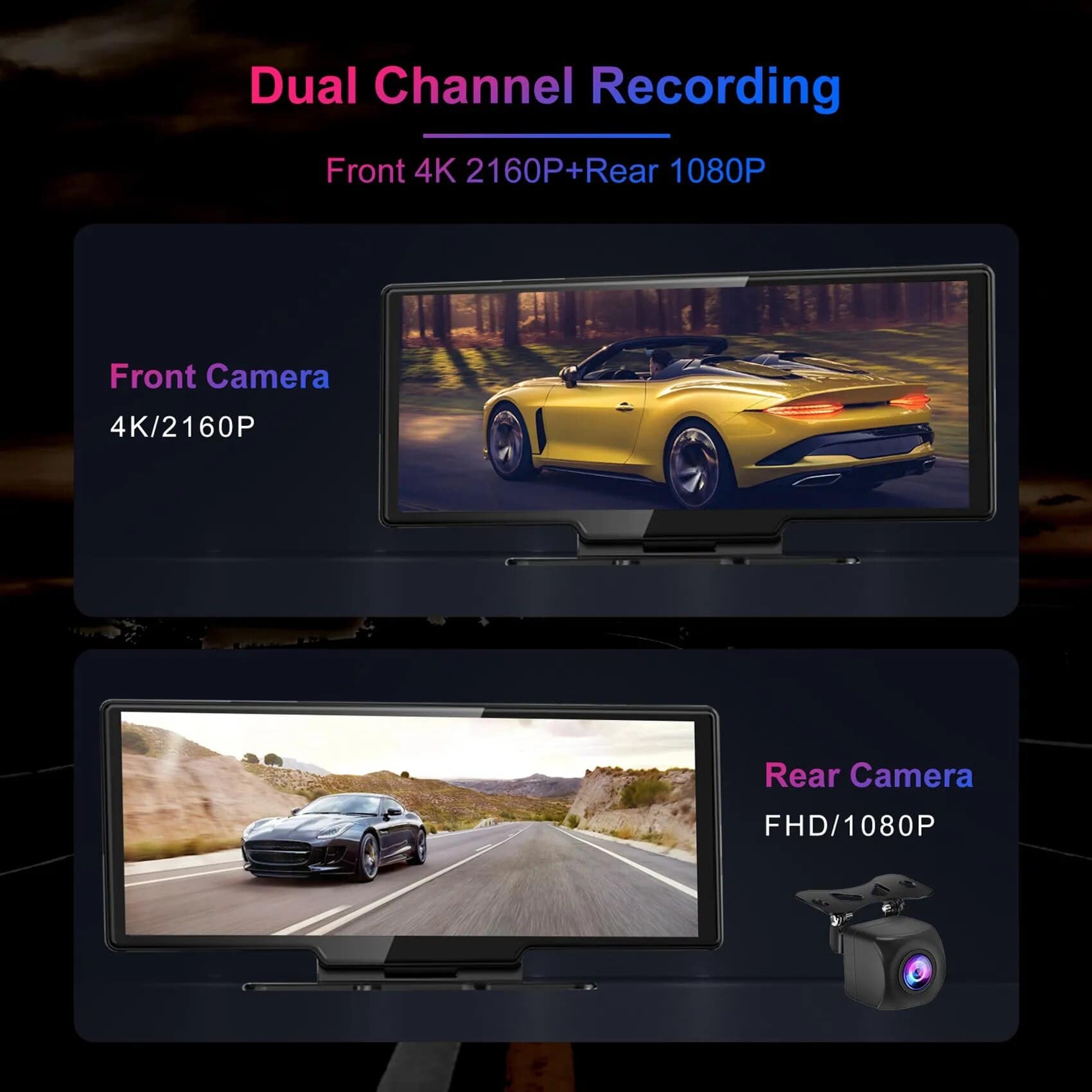 10.26" 4K Touchscreen Rearview Mirror Dash Cam with CarPlay & Android Auto - Image 5