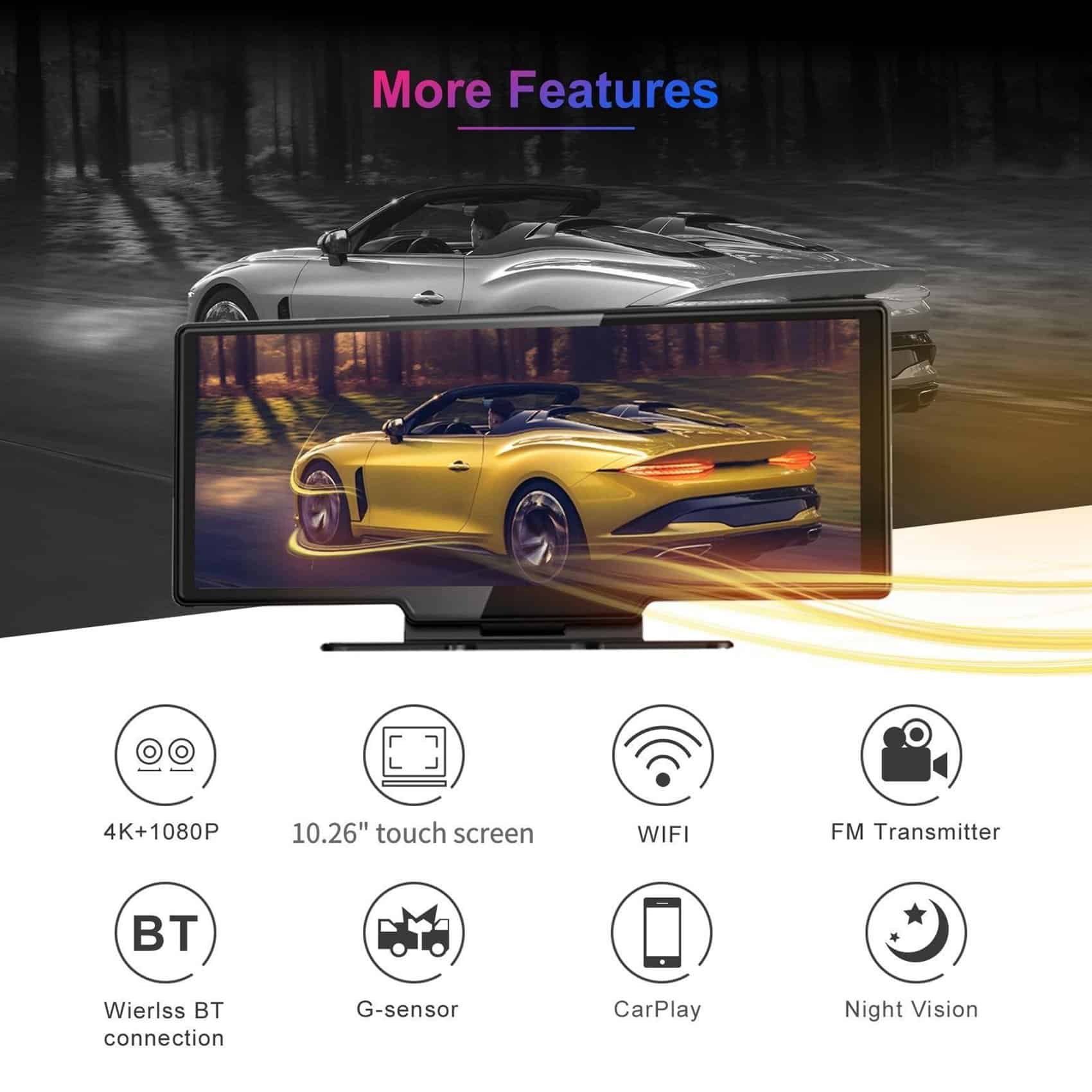 10.26" 4K Touchscreen Rearview Mirror Dash Cam with CarPlay & Android Auto - Image 3