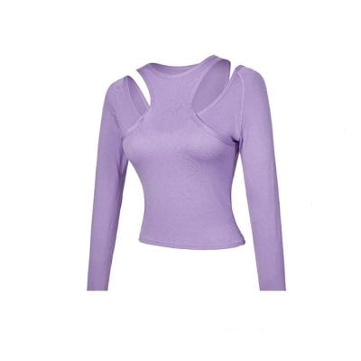 Stylish purple open-shoulder long sleeve top with cut-out shoulder details, perfect for fashion-forward women looking for trendy, comfortable clothing from Monalisa Store.