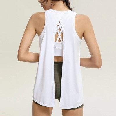 Lightweight white athletic tank with stylish lace-up design on the back, perfect for fitness, yoga, or casual wear. Provides comfort and breathability for active lifestyles.