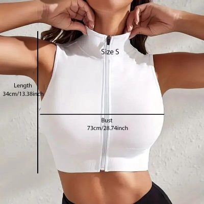 White sleeveless zip crop top for women, ideal for activewear and casual outfits, available in size S.