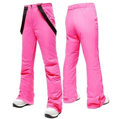 Stylish pink ski pants designed for winter sports, featuring black adjustable straps for a secure fit, durable waterproof fabric, and comfortable insulation for cold weather activity.