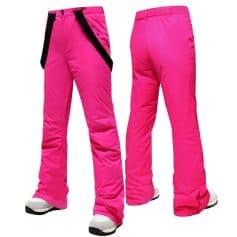 Bright pink ski pants for women with black adjustable straps, insulated for winter sports, and designed for comfort and durability on snowy slopes.