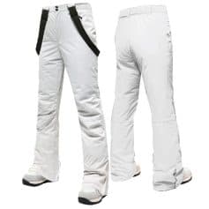 Stylish white ski pants for winter sports, featuring adjustable straps and durable fabric for all-weather conditions, perfect for skiing or snowboarding adventures.