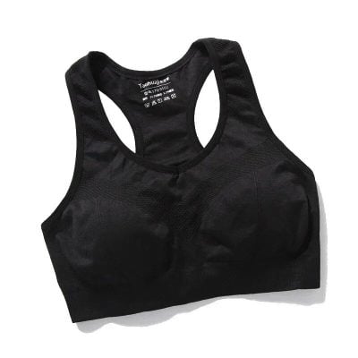 Comfortable black sports bra for women, ideal for workout and activewear, made of breathable fabric, supportive design, perfect for fitness and sports activities.