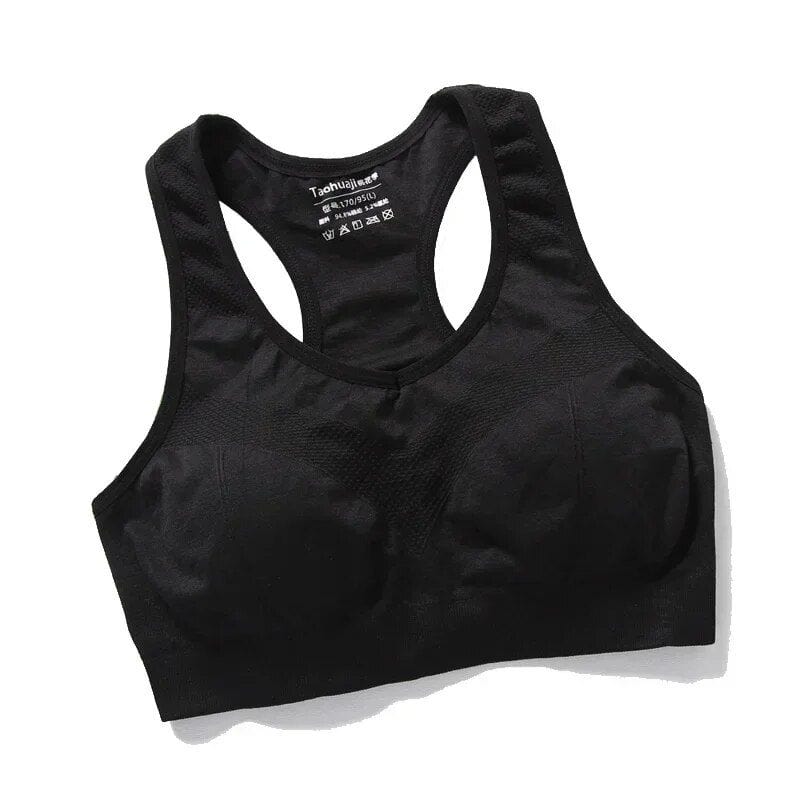 Comfortable black sports bra for women, ideal for workout and activewear, made of breathable fabric, supportive design, perfect for fitness and sports activities.
