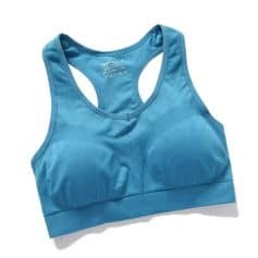 Blue athletic sports bra for women, seamless design, breathable fabric, perfect for workout and fitness activities.