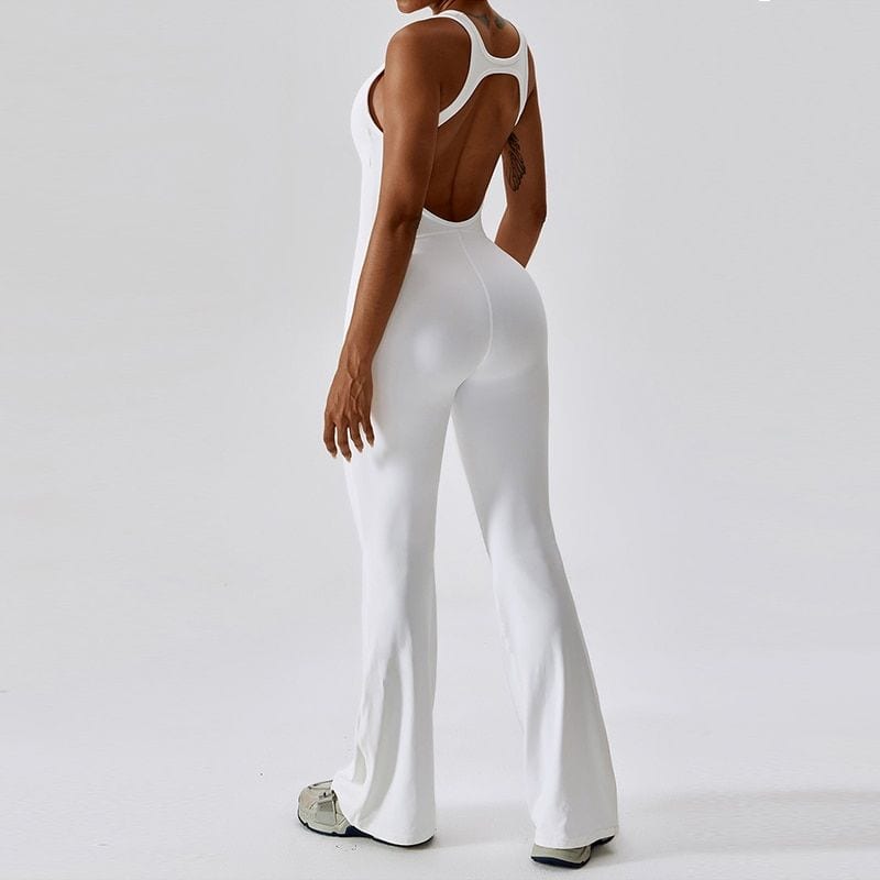 High-quality white open-back jumpsuit for fashionable and comfortable wear. Perfect for casual, social, or workout settings. Elegant design with a flattering fit.