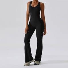 Comfortable women's black athletic jumpsuit for workout and casual wear.