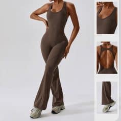 Elegant olive-brown stylish jumpsuit with open back and athletic fit.