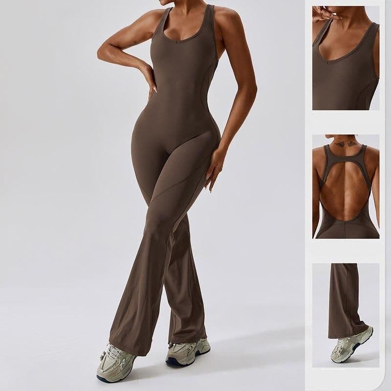 Elegant olive-brown stylish jumpsuit with open back and athletic fit.