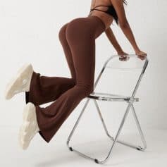 Comfortable women's brown workout leggings with a sleek fit and breathable fabric, perfect for fitness and casual wear.