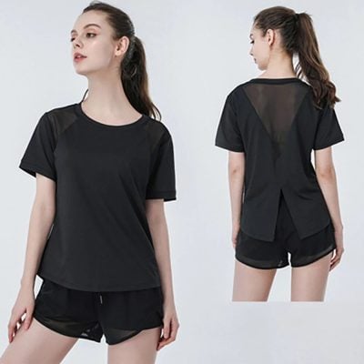 Stylish black women’s athletic t-shirt and shorts set perfect for workouts, running, yoga, or casual lounging at home, featuring breathable fabric and modern design.