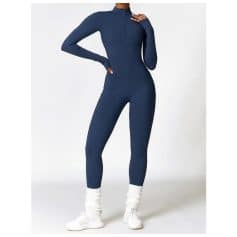High-quality navy blue athletic jumpsuit with a fitted design, full-length sleeves, and a front zipper, perfect for workout or casual wear.
