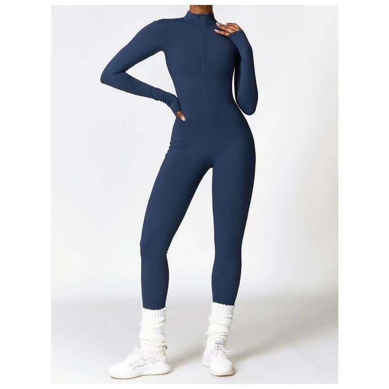 High-quality navy blue athletic jumpsuit with a fitted design, full-length sleeves, and a front zipper, perfect for workout or casual wear.