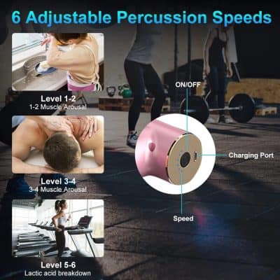 Portable percussion massager with customizable speeds for muscle relief, muscle arousal, and recovery, ideal for gym, physiotherapy, and massage therapy.