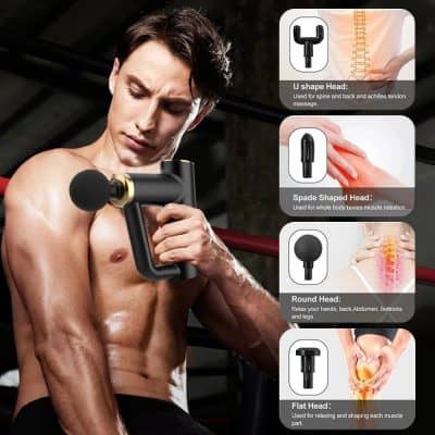 Optical massage gun with interchangeable heads for targeted muscle relaxation and pain relief. Different head types for back, shoulders, legs, and other muscle groups. Ideal for fitness recovery and stress reduction.
