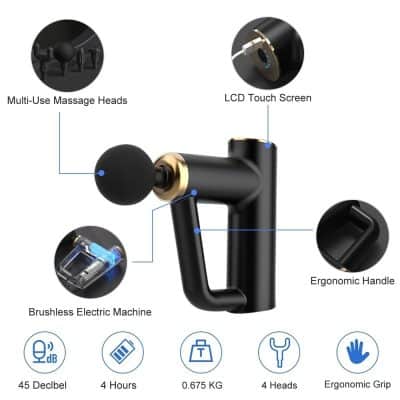 Wireless portable massage device with LCD touch screen, multi-use massage heads, ergonomic handle, brushless electric motor, and ergonomic grip for muscle relief and relaxation.