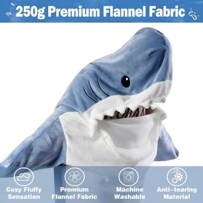 Soft shark plush toy, perfect for kids, made of premium flannel fabric, machine washable, anti-tearing material, and designed for cozy, fluffy comfort.
