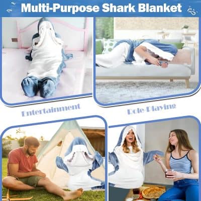 Multiple-use shark blanket for kids and adults. Perfect for entertainment, role-playing, relaxation, and outdoor activities. Made from soft, comfortable fabric for all seasons.