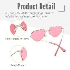 Stylish pink heart-shaped sunglasses featuring skin-friendly nose pads and durable hinges, perfect for fashion-forward individuals seeking comfortable, high-quality eyewear.