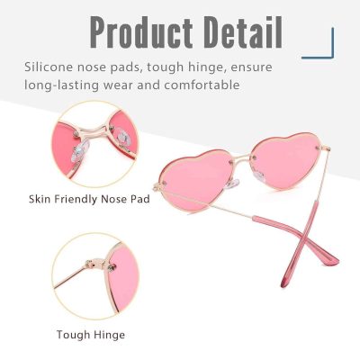 Stylish pink heart-shaped sunglasses featuring skin-friendly nose pads and durable hinges, perfect for fashion-forward individuals seeking comfortable, high-quality eyewear.