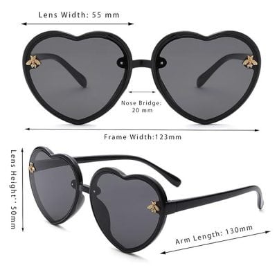 Stylish heart-shaped sunglasses with dark lenses and gold bee accents for women, featuring a 55mm lens width, 20mm nose bridge, and 130mm arm length, perfect for fashion-forward eye protection.