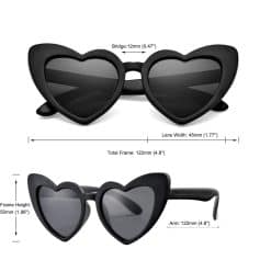 Black heart-shaped sunglasses with 45mm lenses, 122mm frame, and 50mm height, blending trendy style with UV protection, ideal for fashion accessories and eye health.