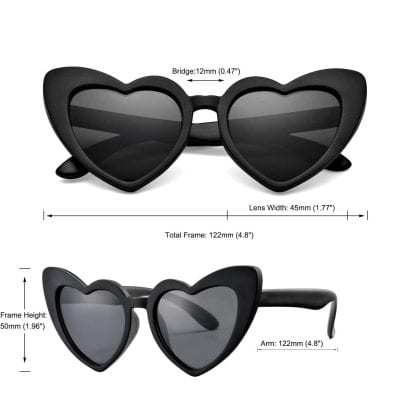 Black heart-shaped sunglasses with 45mm lenses, 122mm frame, and 50mm height, blending trendy style with UV protection, ideal for fashion accessories and eye health.