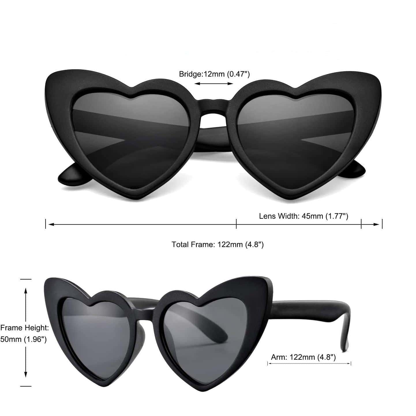 Black heart-shaped sunglasses with 45mm lenses, 122mm frame, and 50mm height, blending trendy style with UV protection, ideal for fashion accessories and eye health.