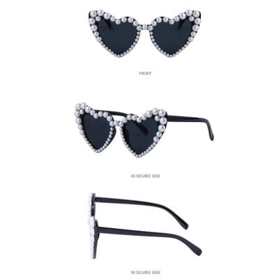 Stylish black heart-shaped sunglasses adorned with white pearls, perfect for chic fashion statements.
