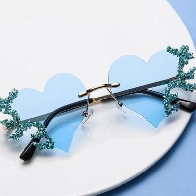 Stylish blue-tinted eyeglasses with DNA double helix accents, perfect for eye health and vision correction. Ideal for optical shopping and eye care professionals.