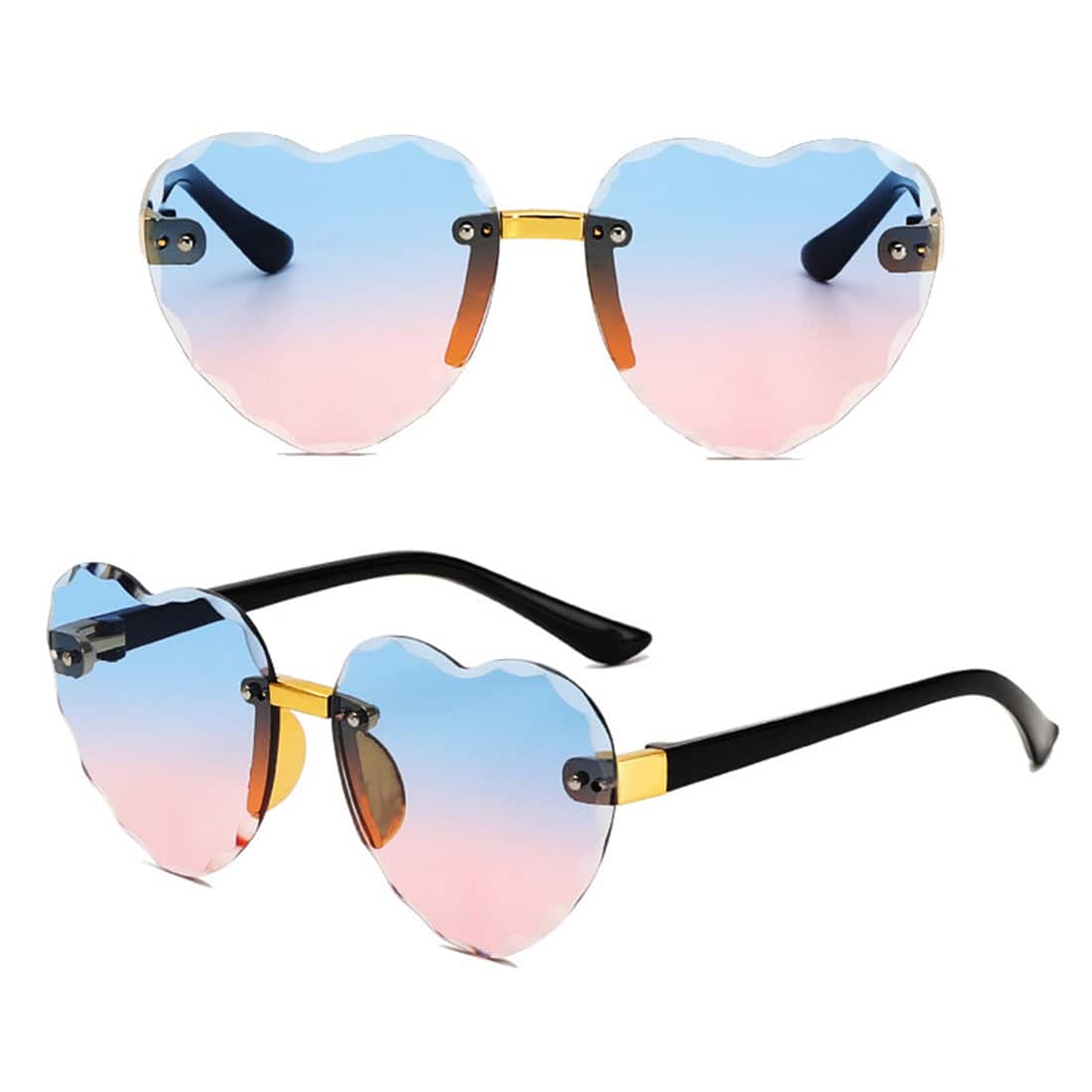 Bright, heart-shaped sunglasses with pink gradient lenses and black arms, ideal for fashion-forward individuals. These trendy sunglasses add charm and style to any summer or casual outfit, available at Monalisa Store for eyewear enthusiasts.