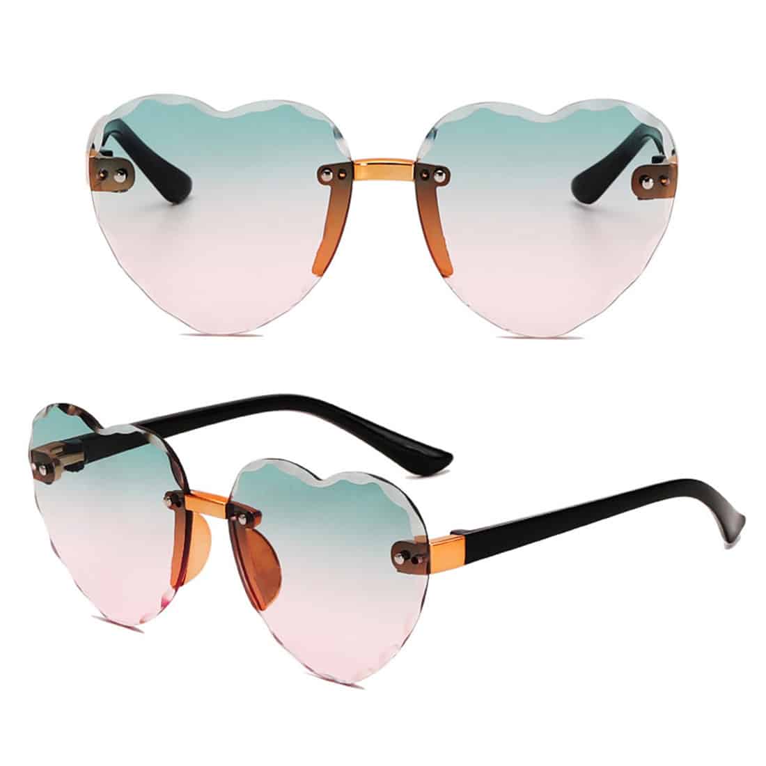 Versatile heart-shaped sunglasses with gradient lenses, black arms, and gold accents, blending fashion with eye protection. Great for fashion lovers and sun protection enthusiasts seeking a chic look.