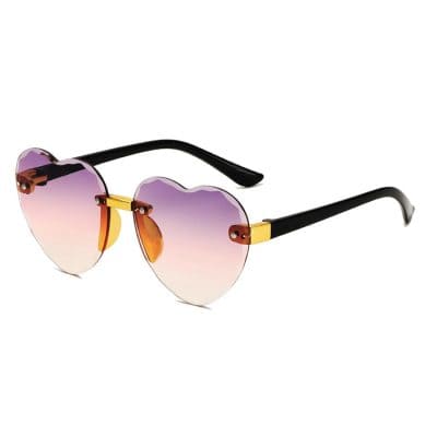 Stylish heart-shaped sunglasses with gradient pink-purple lenses and black and gold frame, perfect for trendy summer wear and UV protection.
