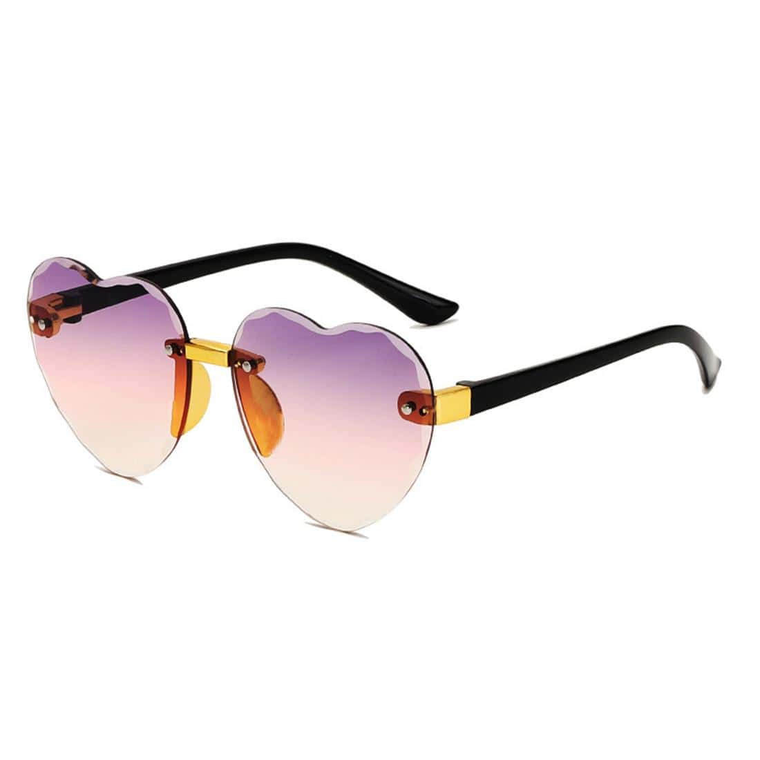Stylish heart-shaped sunglasses with gradient pink-purple lenses and black and gold frame, perfect for trendy summer wear and UV protection.