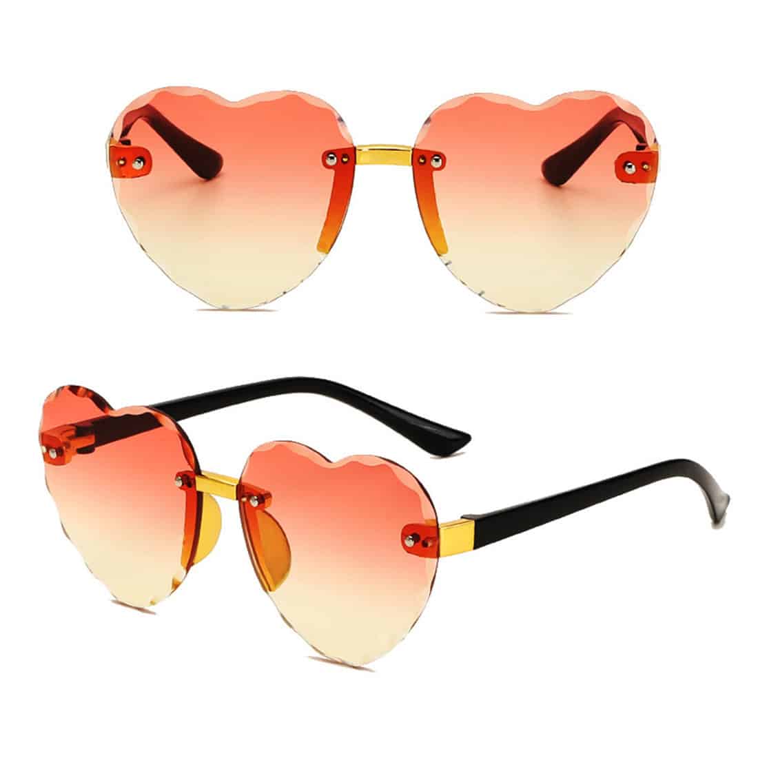 Bright heart-shaped sunglasses with gradient pink and yellow lenses, gold nose bridge, and black temple arms, ideal for trendy summer accessories, outdoor fashion, and stylish sun protection. Perfect for adding a playful and chic touch to any outfit.