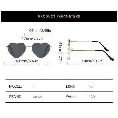Heart-shaped sunglasses with black lenses, gold frame, and adjustable arms, perfect for fashion-forward eyewear lovers. Lightweight and durable for everyday wear.