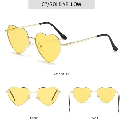 Gold yellow heart-shaped sunglasses with black temple tips, ideal for sun protection and fashionable looks.