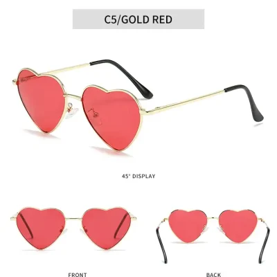 Stylish heart-shaped sunglasses with red lenses, gold frame, and black temple tips, perfect for fashion-forward eyewear lovers.