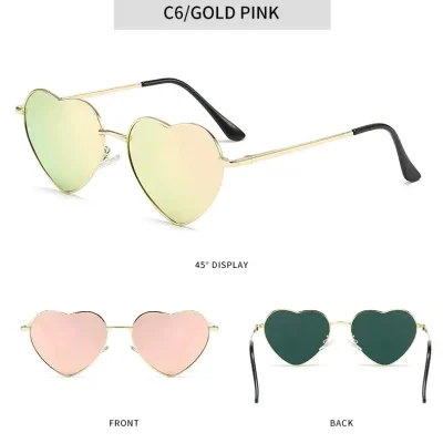 Stylish heart-shaped sunglasses with pink, green, and gold options, perfect for fashion-forward eyewear lovers. UV protection and lightweight design for all-day comfort.