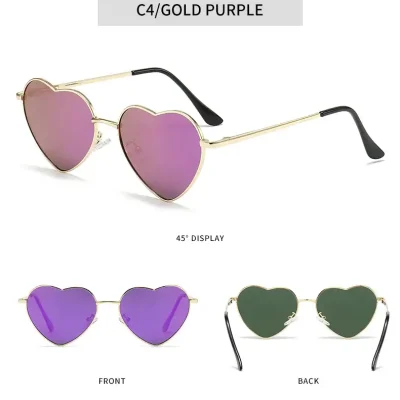 Heart-shaped sunglasses with gold frames and colored lenses, perfect for trendy eyewear fashion. Offers UV protection and stylish designs for women and men.